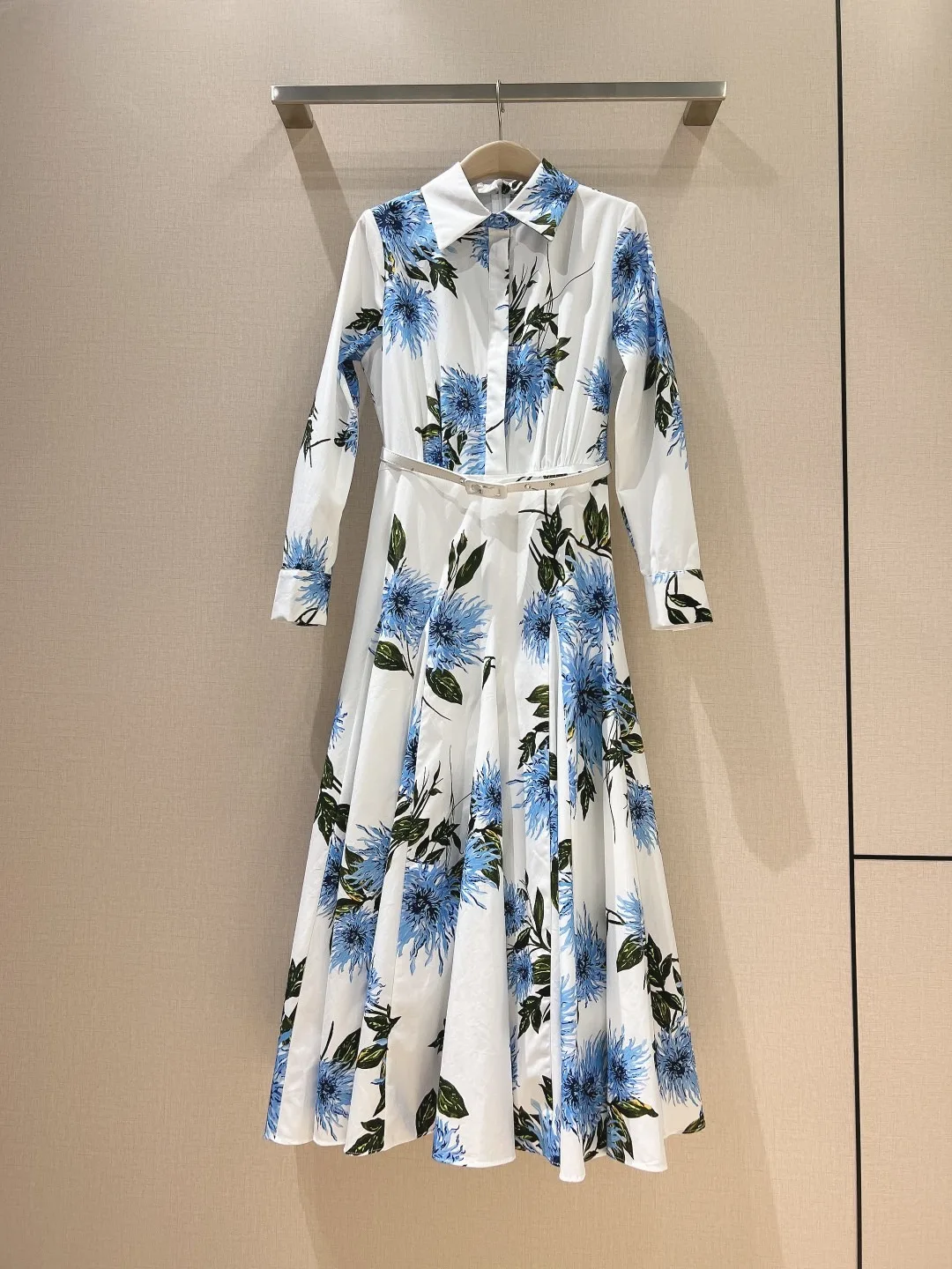 White Blue Floral Position Print Cotton Long Sleeve Lapel Women Vintage 2024 Fashion Collection Midi Dress