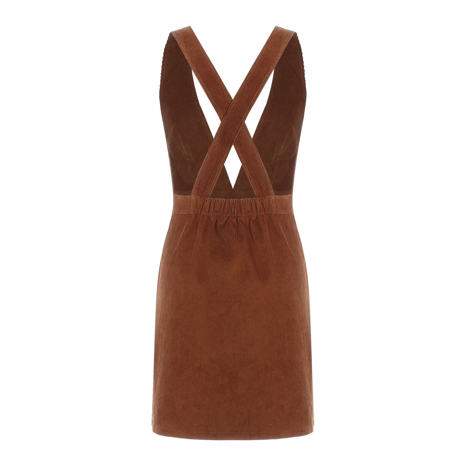 Womens Corduroy Pinafore Dress V Neck Back Crossing Straps Side Pockets Overall Dress for Daily Casual Dating Hanging Out