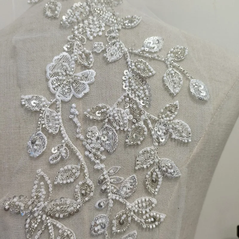 Top - Grade Custom - Made Milk White Sequined Lace Pair Flowers for DIY Forest Style Leaf Embroidery Ivory Wedding Attire