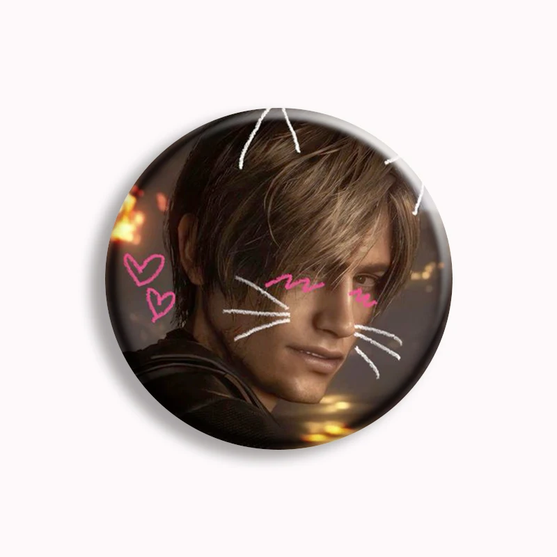 Leon Kennedy Evil Game Character Button Pin Pink Bow Cute Leon Meme Brooch Badge Bag Cloth Decor Fans Collect Friends Gift 58mm