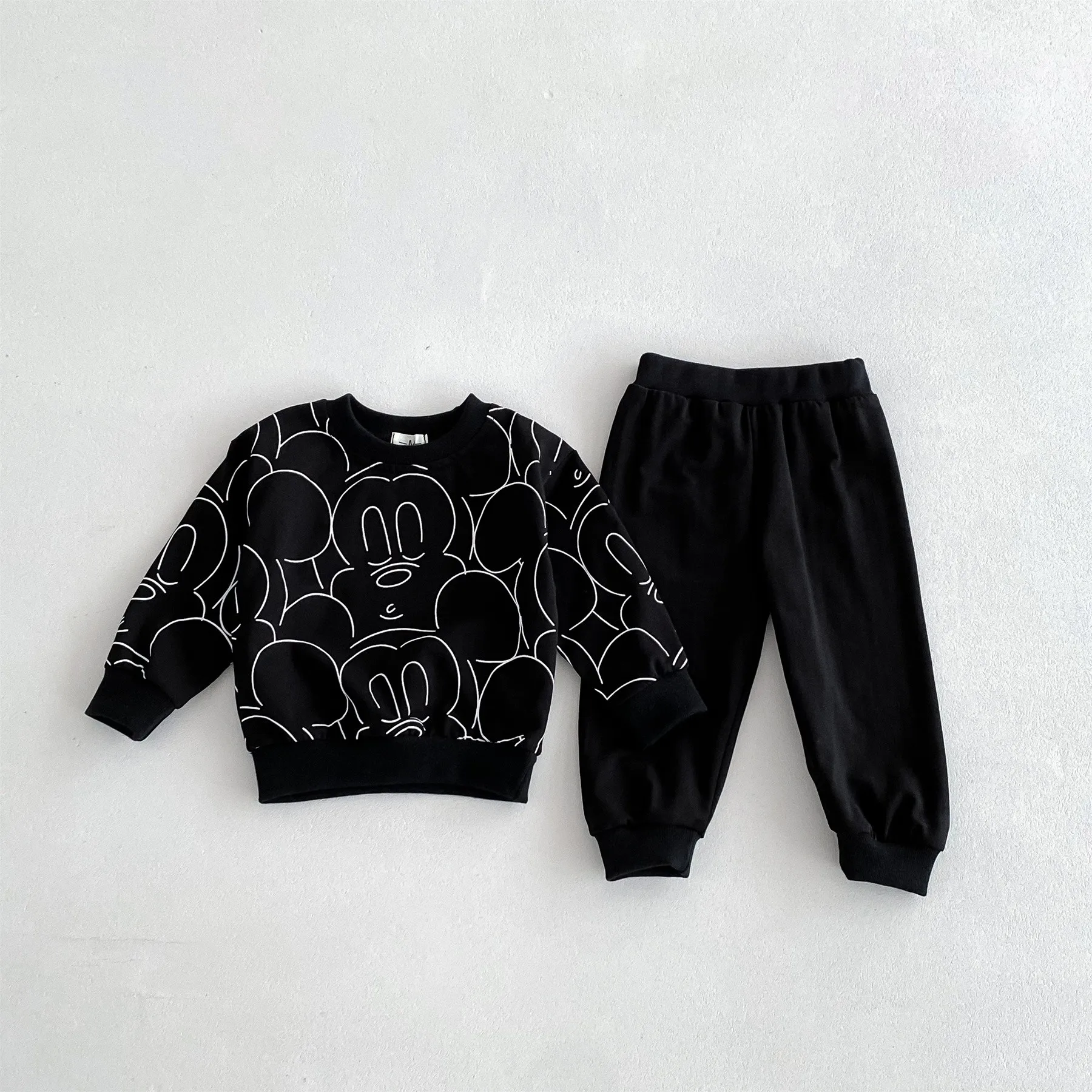 Solid Color Mickey Sweatshirt + Sweatpants Kids 2 Piece Set Spring Fall Clothing Children\'s Wear Long Sleeved Girl Boy Tracksuit