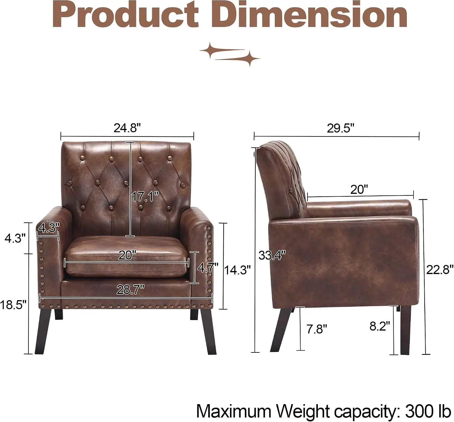 Dark Brown Faux Leather Tufted Club Accent Chair, Mid-Century Modern for Office Reception Living Room Bedroom Waiting Room