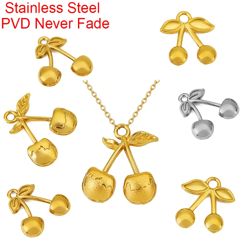 5 piezas de abalorios de cereza de acero inoxidable que no se desvanecen, con PVD, para pendientes, dijes, colgantes de collar, accesorios para pulseras DIY y fabricación de joyas