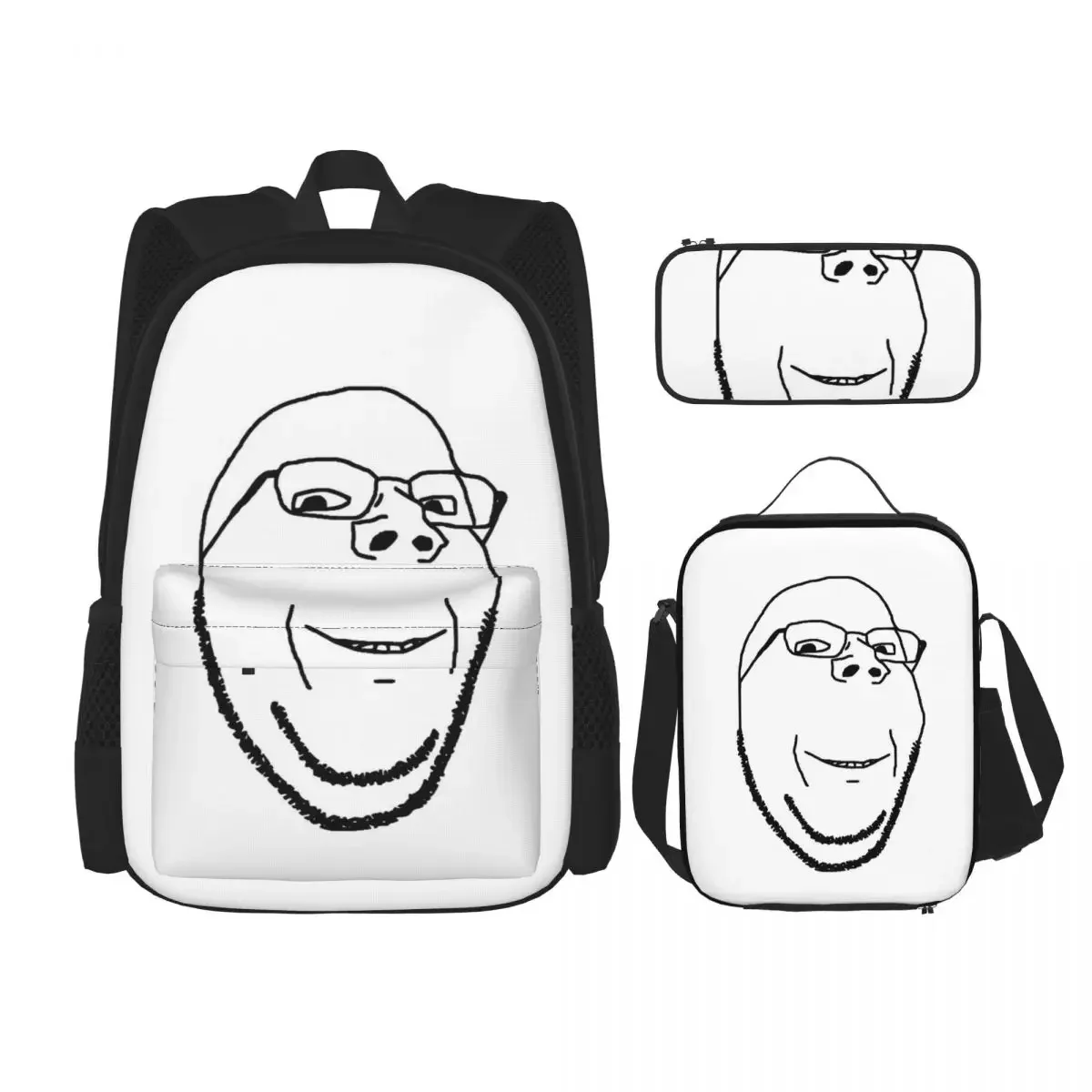 Smiling Wholesome Wojak Soyjak Backpacks Boys Girls Bookbag Students School Bags Rucksack Lunch Bag Pen Bag Three-Piece Set