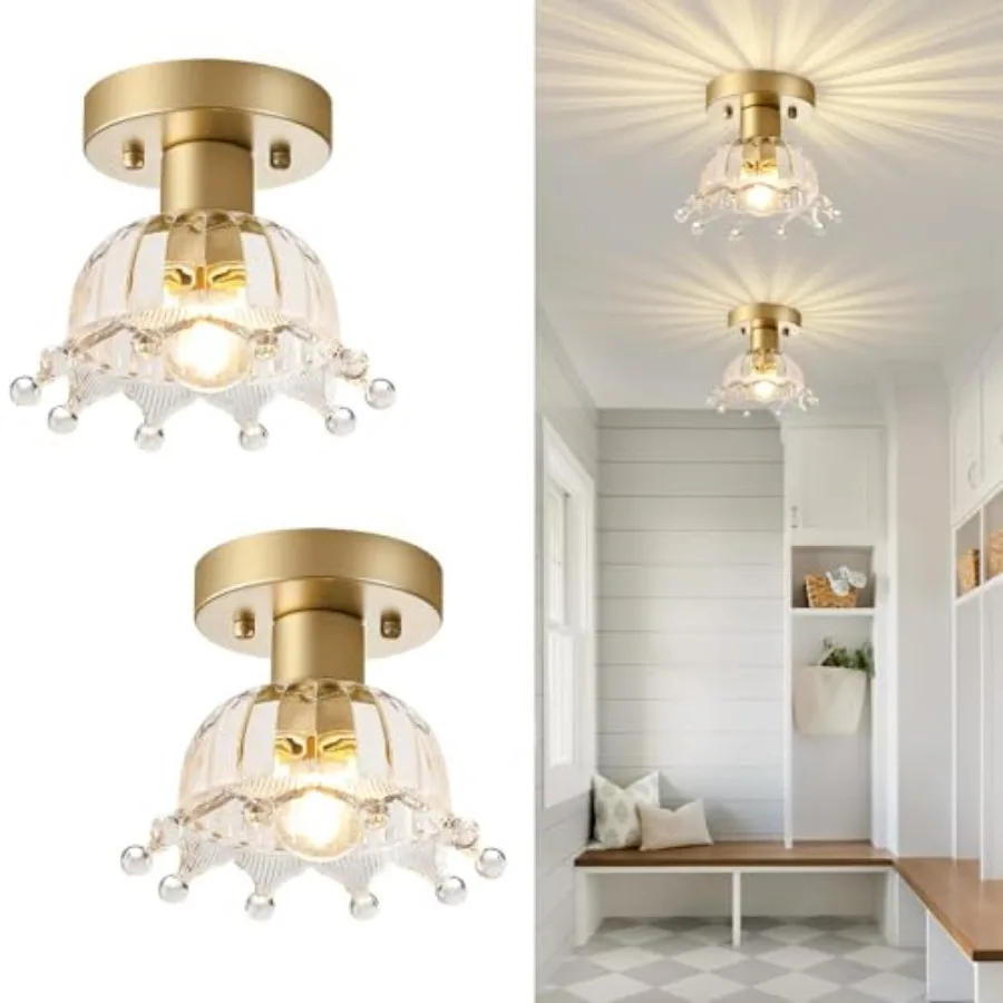 2 Pack Modern Ceiling Light, Small Kitchen Light Fixtures, Glass Semi Flush Mount Ceiling Light for Hallway, Foyer, Entryway, L