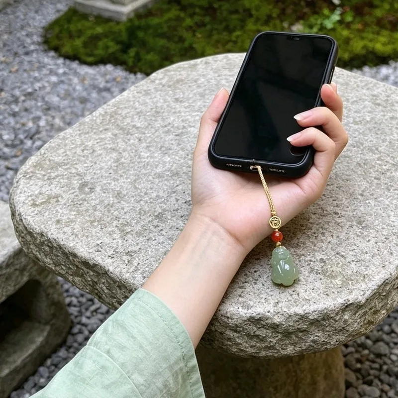 Natural Hetian Jade Pixiu Phone Strap, Handmade New Style Ancient Feng Shui Wealth Pendant
