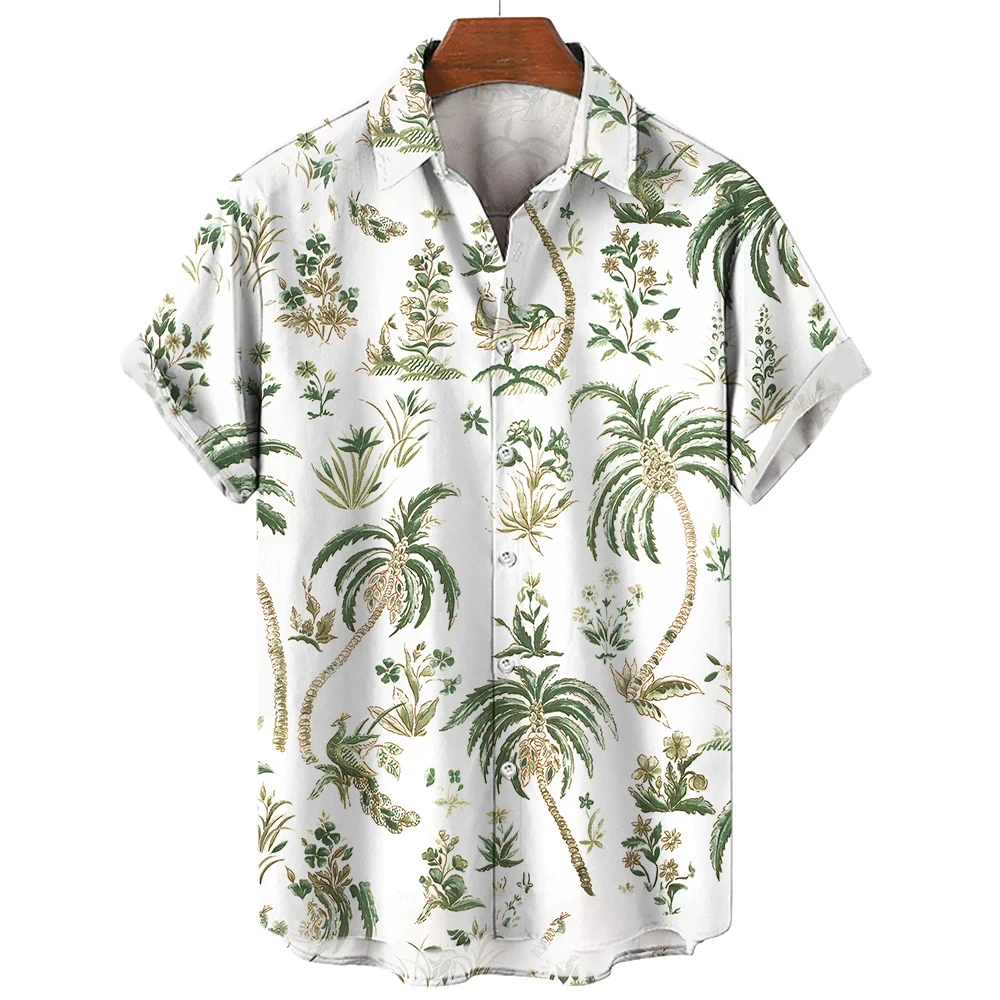 Men's And Women's Casual Fresh Plant Palm Tree Light Color Printed Shirt Pattern Design Short Sleeve Shirt Button Fashion Top