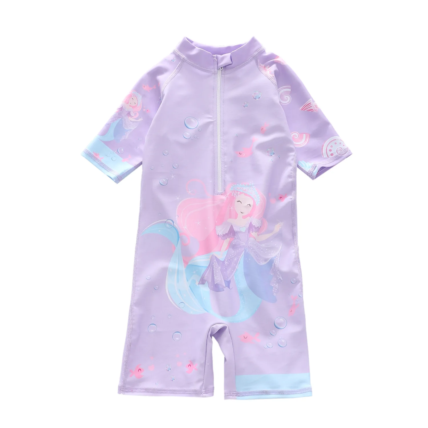 HappyFlute 7-20kg Baby Mermaid Print Short Sleeve Sun Protection 100%polyester Fabric Travel Wear Girls Quick-drying Swimsuit