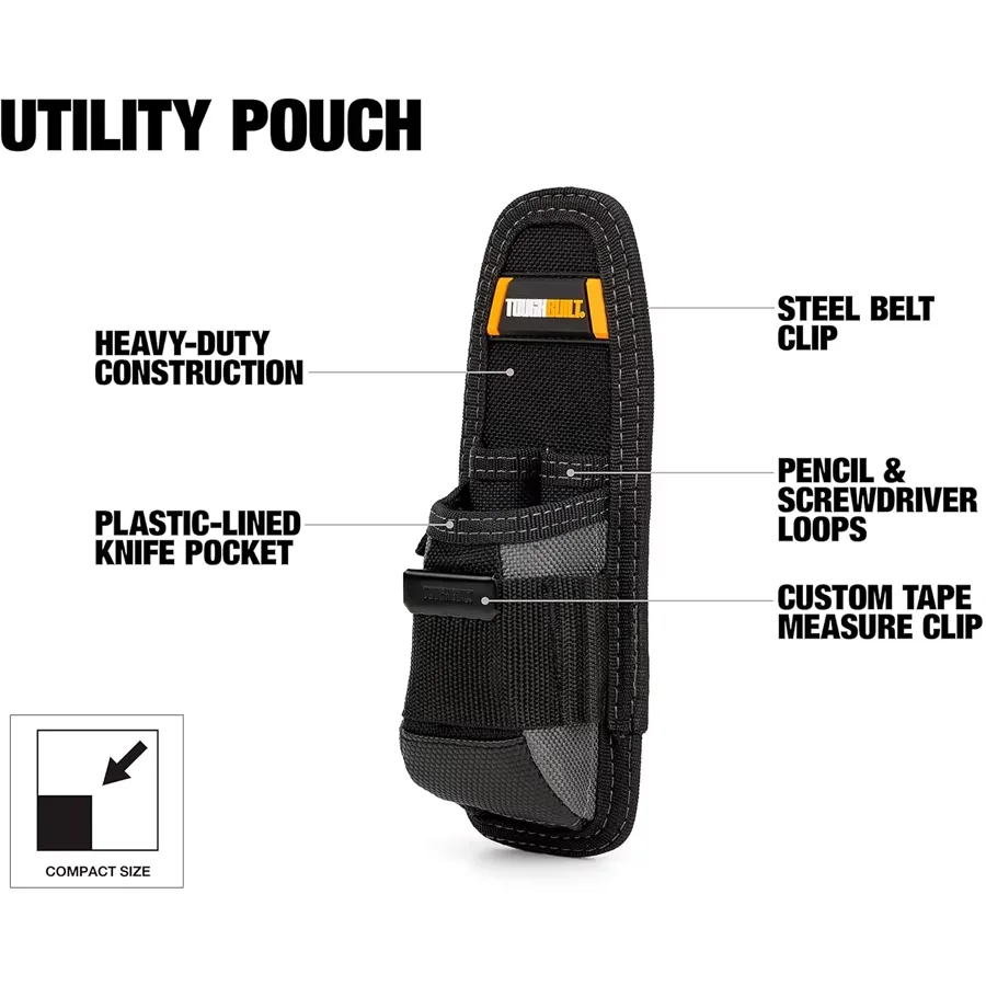 TOUGHBUILT TB-30 Utility Pouch 6 Pockets Loops Steel Belt Clip Tape Measure Clip Plastic-Lined Tool Bag Tool Accessories