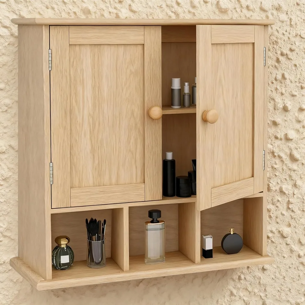 Natural Wood Bathroom Wall Cabinet with Adjustable Shelves Over Toilet Storage