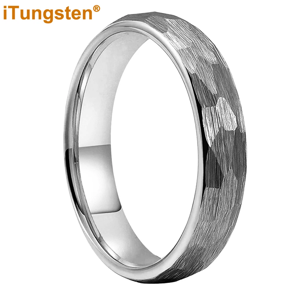 iTungsten 4mm Hammered Tungsten Ring For Women Men Wedding Band Trendy Jewelry Domed Brushed Comfort Fit