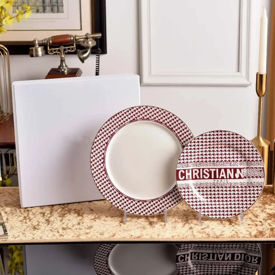 

D Family's New Bone China Serving Plate High-end 10 Inch Flat Plate Hotel Western Food Shallow Plate Porcelain Bowl Cup