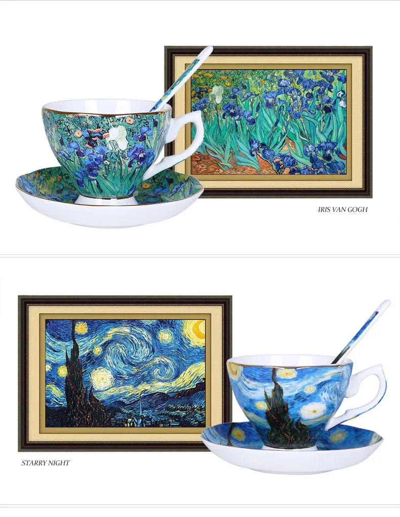 

Van Gogh Art Painting Coffee Cup Mug Tea Mugs With Spoon Saucer The Starry Night, Sunflowers, Sower, Irises Saint-Remy Xmas Gift