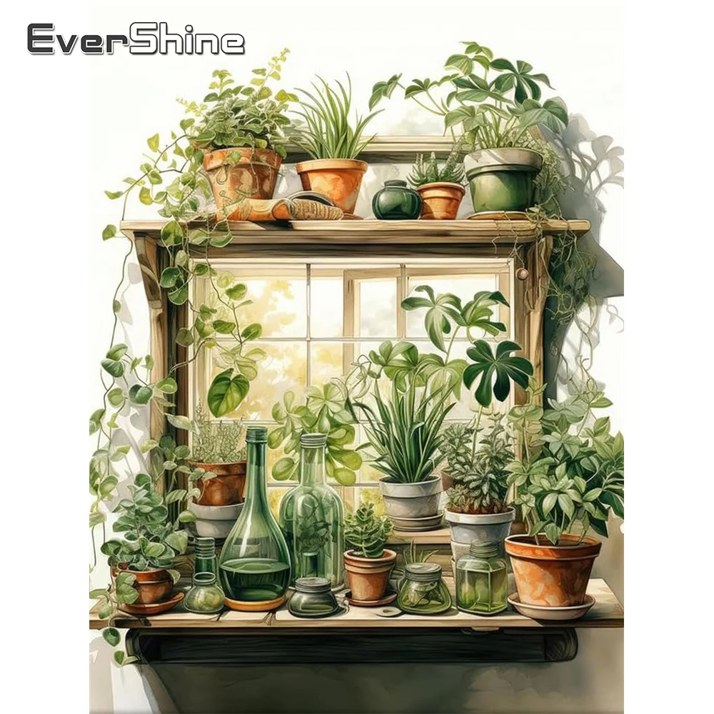 Evershine 5D-Diamant-Stickerei zum Selbermachen, Topfpflanze, Mosaik, voll, quadratisch, rund, Diamant-Gemälde, Fenster, Landschaft, Dekor für Zuhause