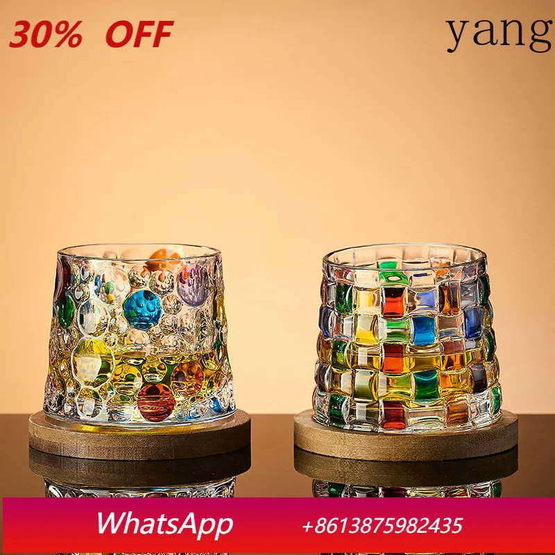 

YJQ thickened colored glass creative rotating whiskey wine glass hand-painted rotating cup with wooden holder