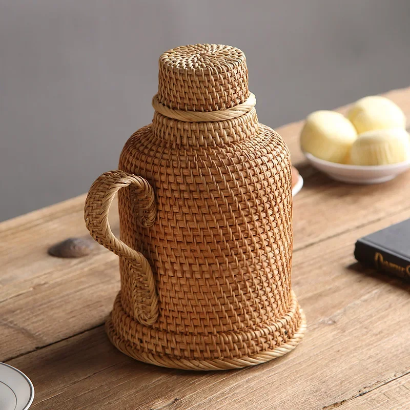 Handwoven Rattan Termos 1L Tea Coffee Vacuum Flask Vintage Thermo Jug Hot Water Bottle Termo Pot Thermal Bottle Thermos Teapot