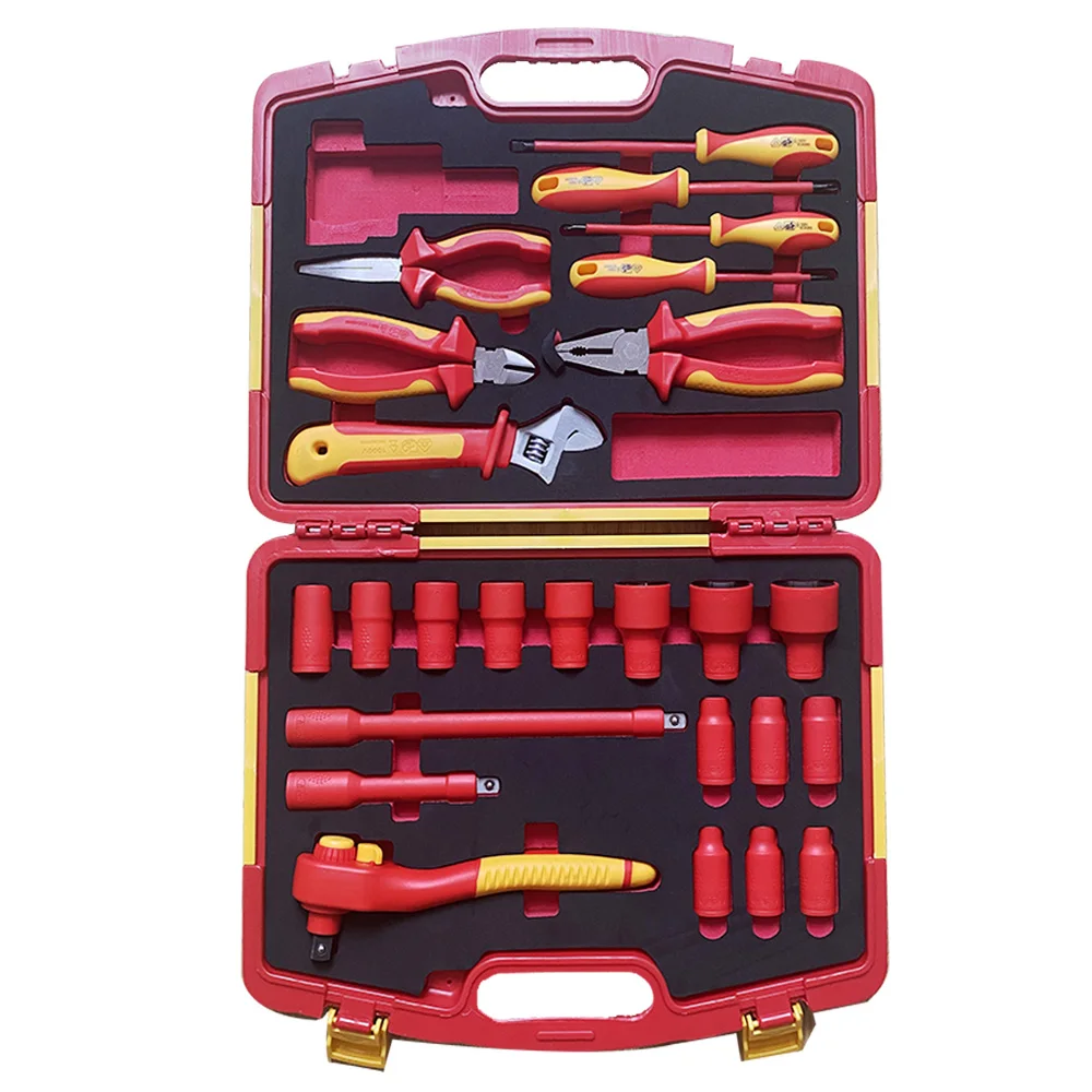 

25pcs New energy insulation tool VDE screwdriver combination pliers ratchet wrench long rod socket 1000V car repair tool suit