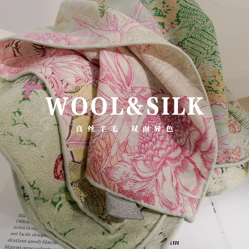 

Herringbone Silk Wool Square Scarf Jungle Castle Print Handmade Curling Decorative Versatile Warm Shawl Fashion Trend