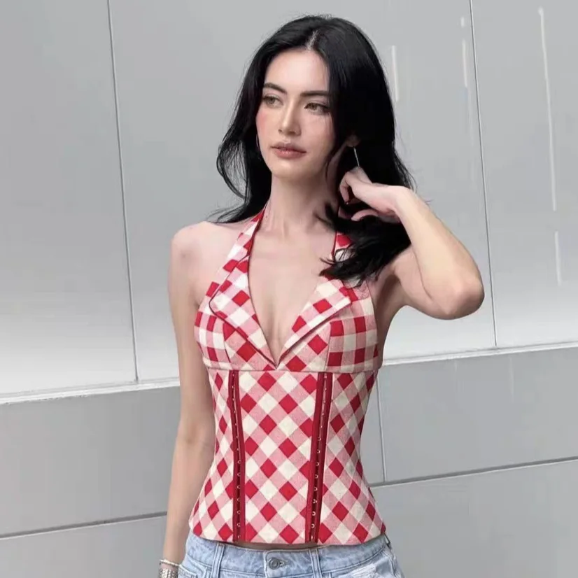 Spring And Summer New Style Sweet Red Plaid Unique Back Drawstring Top Halter Neck V-neck Sexy Slim-fit Tank Top Casual UH75