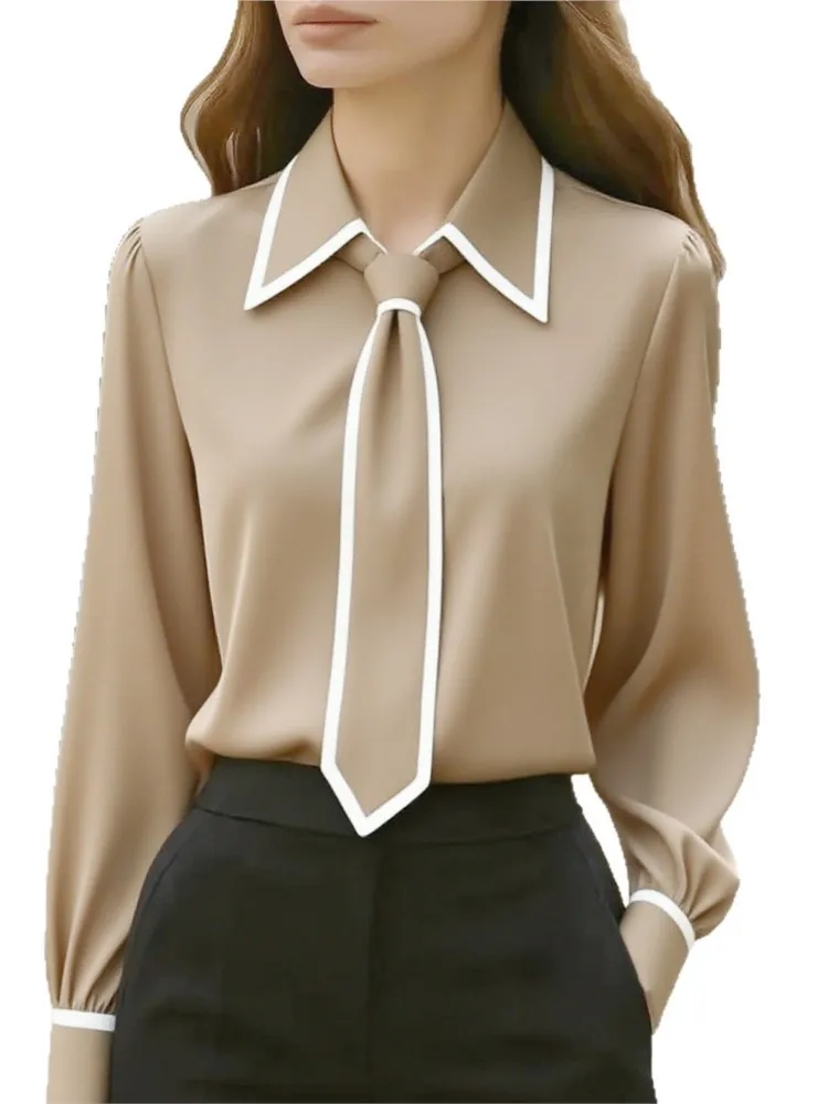 Chemise blanche élégante assortie avec tout pour femmes, chemisier à revers à manches longues avec cravate, mode pour les déplacements au bureau, hauts de Style quotidien
