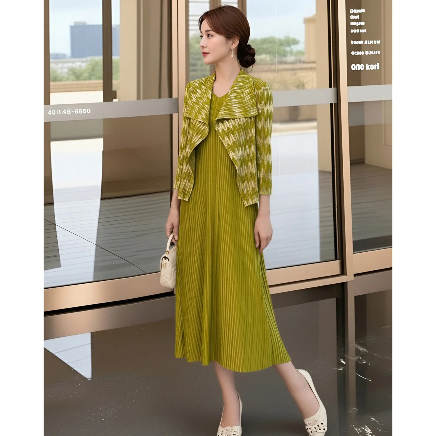 

Miyake Pleated Faionable High-End Folded W-Line Bright Surface Spring New Arrival Two-Piece Set Slimming Dr and Jaet Ensemble