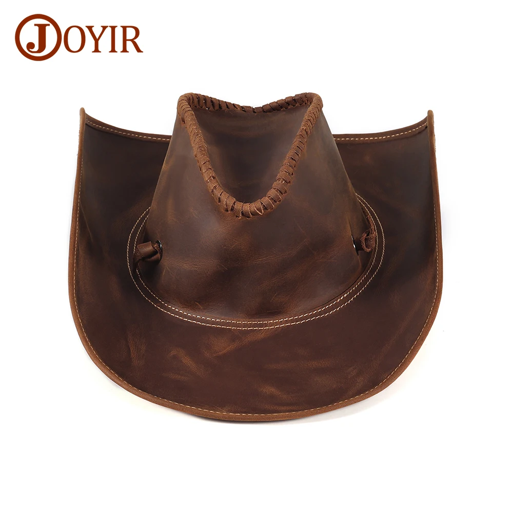 JOYIR Genuine Leather Men Western Cowboy Hat Vintage Cap Handcrafted Western Shapeable Durable Large 60CM Outback Hat New