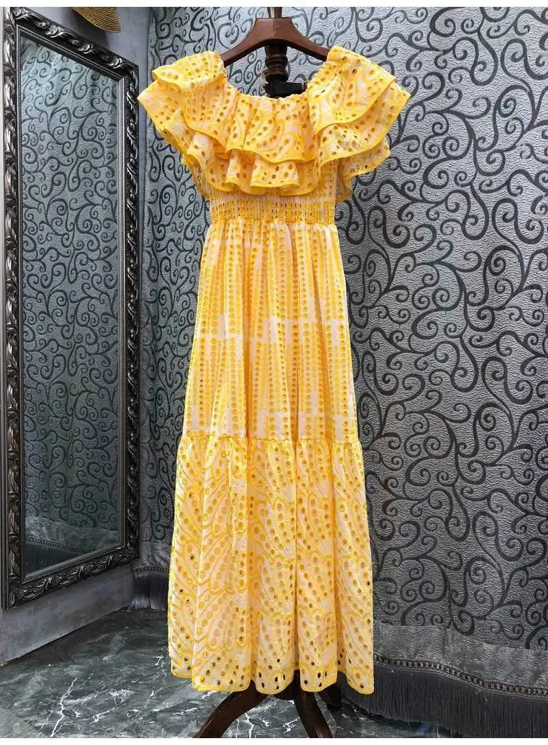 2025 우아한 코튼 자수 숏 드레스 여성용 슬래시 넥 러플 반팔 홀 아웃 여름 미디 비치 드레스