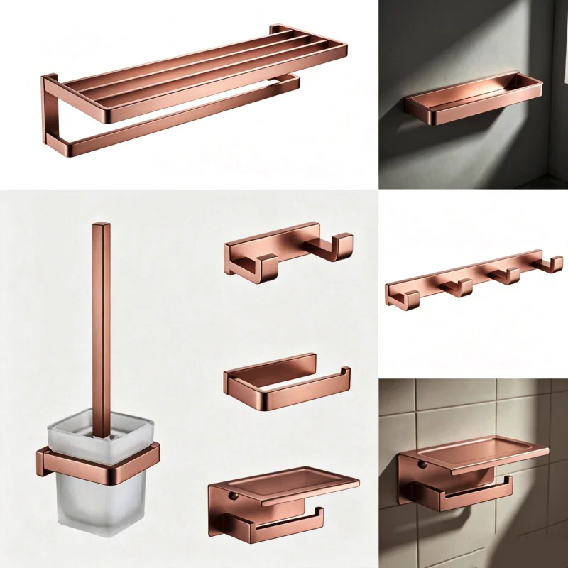 Gebürsteter Edelstahl in Roségold, quadratisch, 2, 4, 6 Hakenreihen, Handtuchhalter, Toilettenpapierhalter, Handtuchstange, Badezimmerzubehör