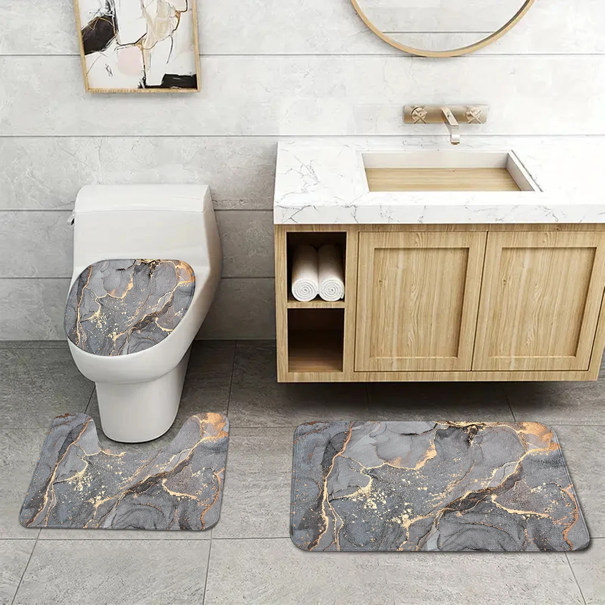 Modern home bathroom decoration toilet three piece set, bathroom anti slip thickened soft carpet floor mat, optional single gaug