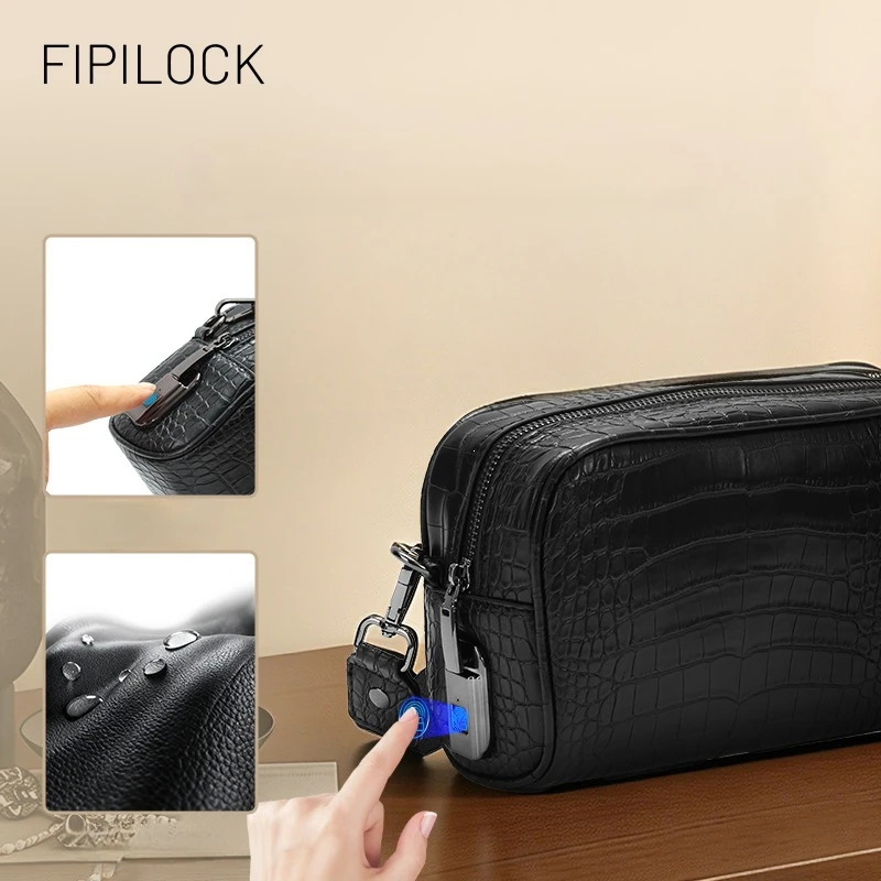 Men Black Genuine Cowhide Leather Fingerprint Lock Crossbody Bag Crocodile Embossed Smart Anti Theft Sling Shoulder Bag
