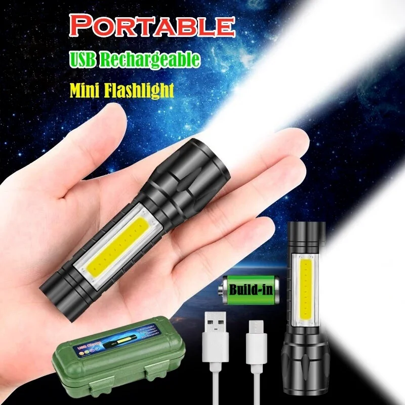 Built In Battery LED MINI Flashlight Zoom Waterproof Aluminum 3 Modes Torch Rechargeable for Camping USB Cabling, Cycling, Work