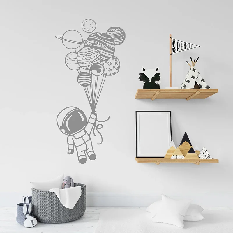 

Astronaut Holding Balloons Wall Decal Space Vinyl Sticker Custom Name Wall Decal For Nursery Kids Bedroom Decor NR70