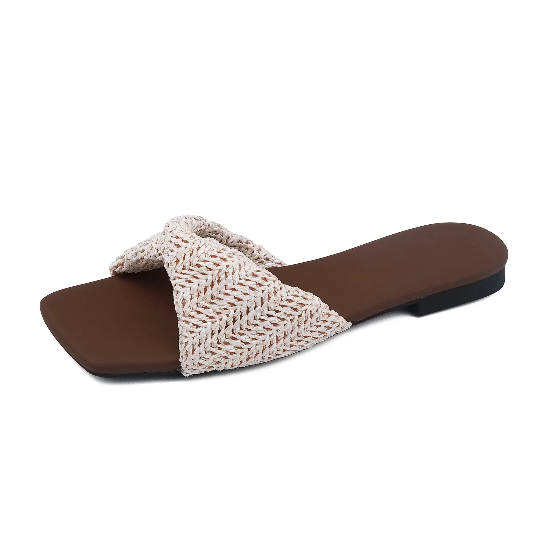 Summer Woven Open Toe Flat Sandals Women's Summer Outdoor Braided Square Toe Cool Slippers Casual Holiday Beach Slip On Slippers