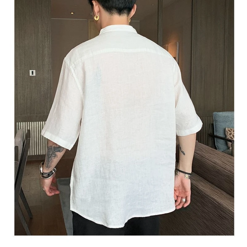 2024 Summer New Trendy and Handsome Short Sleeves Thin Simple and Breathable Japanese Men\'s Pocket Shirt with 5/4 Sleeve Top