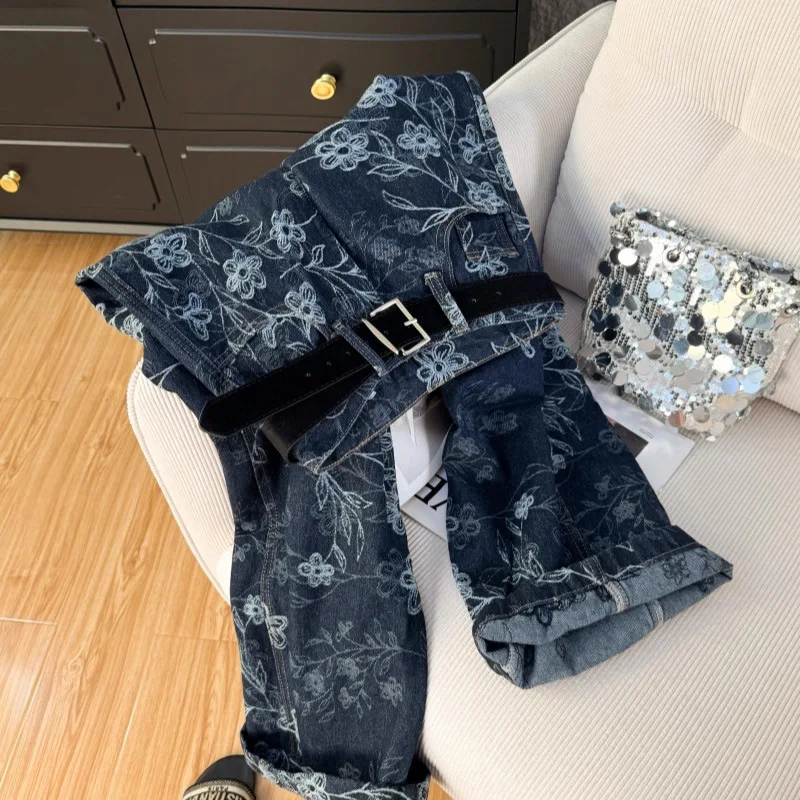 Blue Retro Commuter Embroidered Jeans Winter High-waisted Niche Fashion Fleece Thickened Straight-leg Pants Top Grade Women Wear