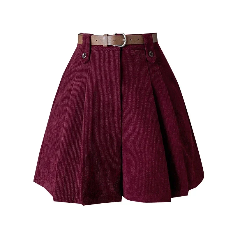 Shorts de Pana Vintage para Mujer, Estilo A, Otoño Invierno 2026, Color Sólido, Cintura Alta, Bolsillos, Pliegues