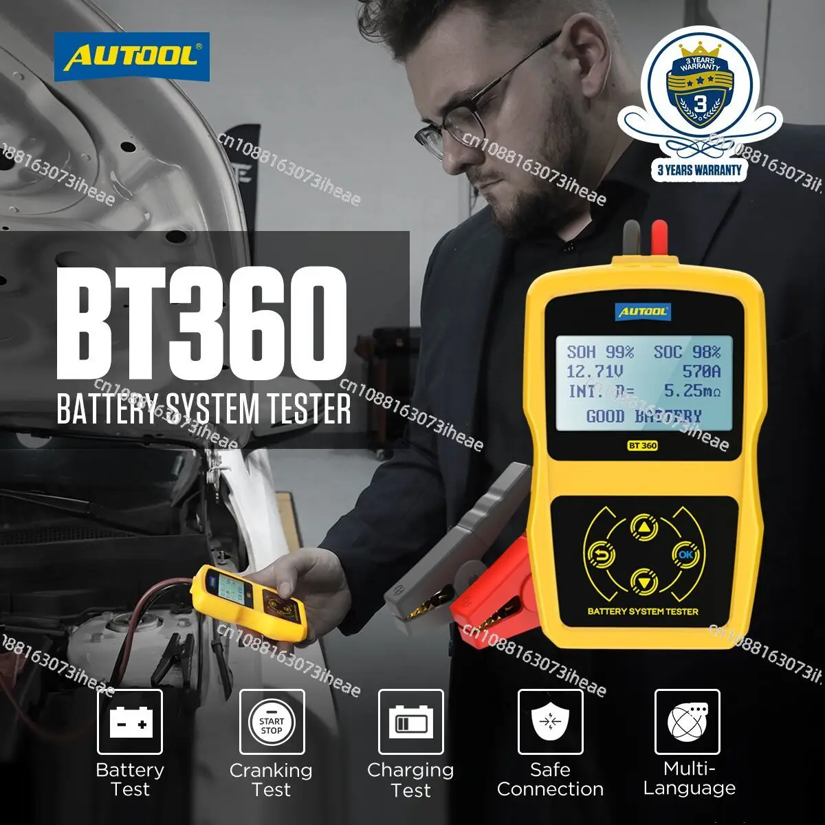 BT360 12V Car Battery Tester Digital Automotive Diagnostic Battery Tester Analyzer Vehicle Cranking Charging Scanner Tool