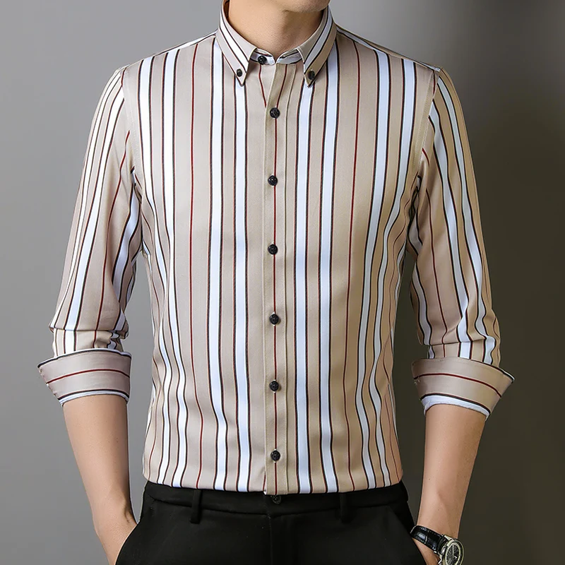 Camisa de negócios listrada elástica masculina, camisa confortável de manga comprida, roupa formal básica clássica, elegante e casual