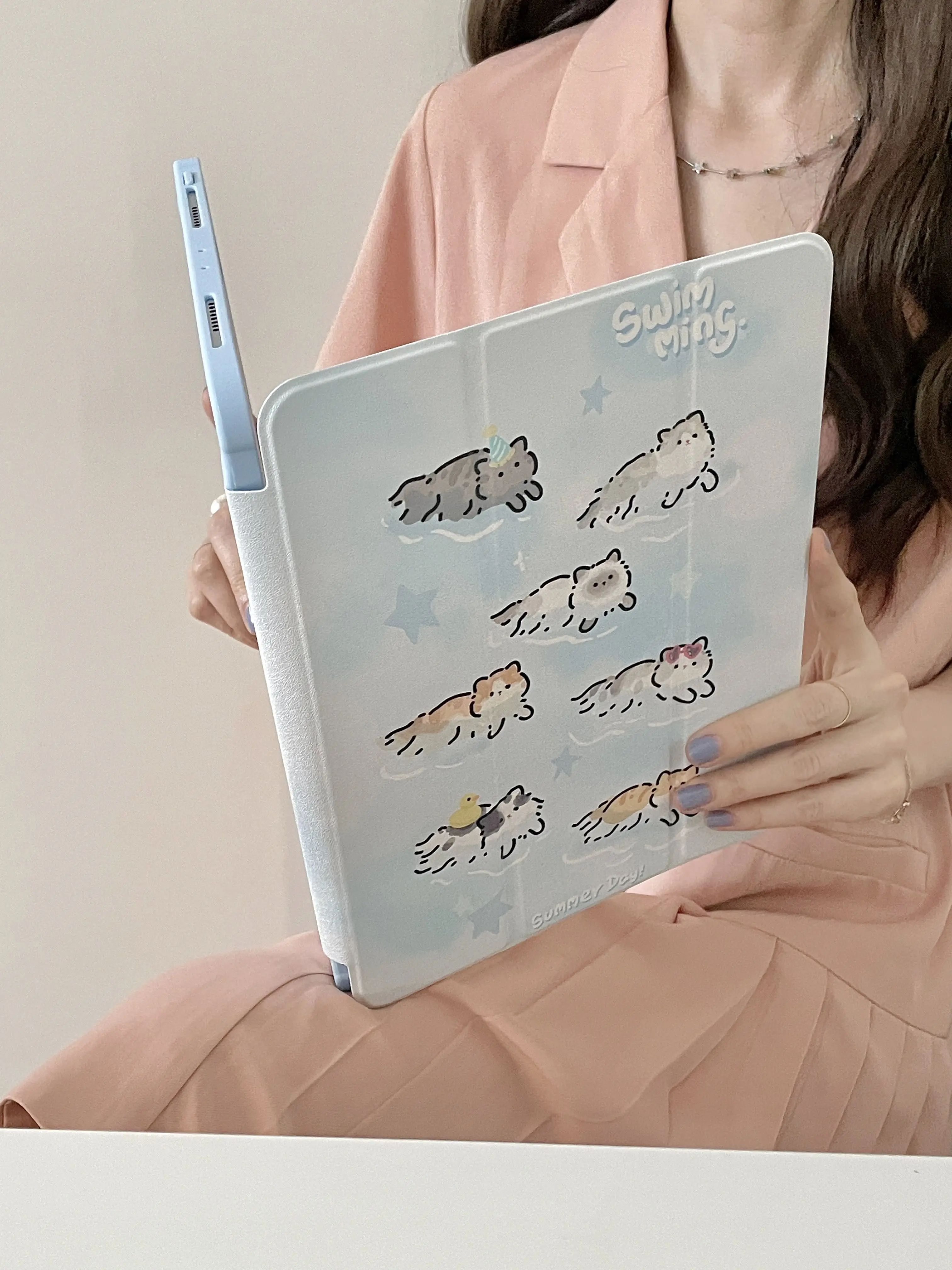 Cute Swimming Cat Case for 2022 New IPad 10th 10.9 iPad Pro 11 12.9 10.5 9.7 Air 5 4 10.9 Mini6 Cover with Pencil Slot Holder