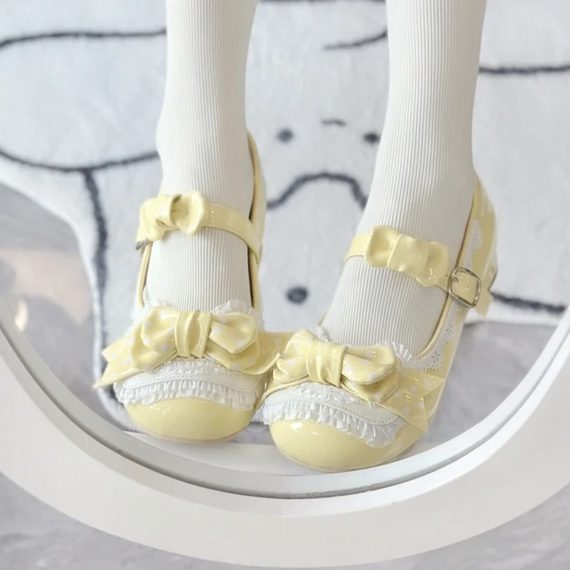 Japanese Sweet Lolita Women Candy Color Bow Low Lace Heel Flat Heel Small Leather Shoes Round Head Cute Single Girls Shoes Lo