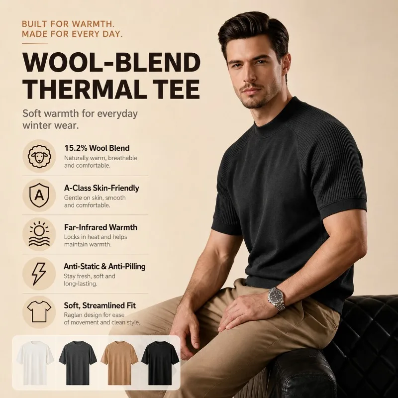 Men Fleece Lined Wool Mock Neck Short Sleeve Undershirt Raglan Sleeve Thermal Autumn Winter Base Layer Inner Top
