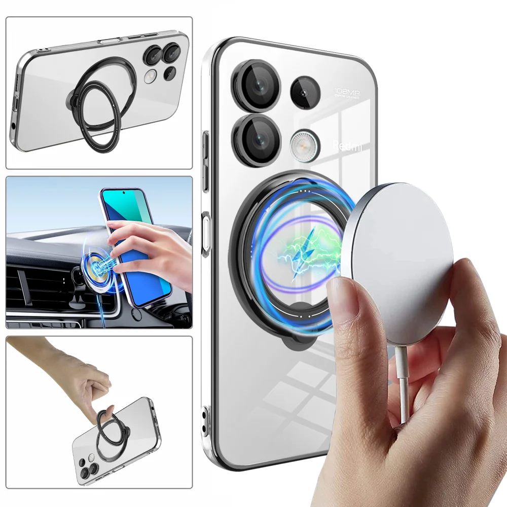 Luxury Plating Transparent Magnetic Stand Case For Xiaomi POCO C65 X6 F5 F6 X3 M6 Pro 4G Ring Holder Camera Protector Back Cover