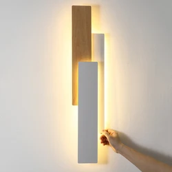 Lámpara de pared de madera natural para dormitorio, luz de pared rectangular de Color nogal, iluminación decorativa interior, Control remoto, moderna