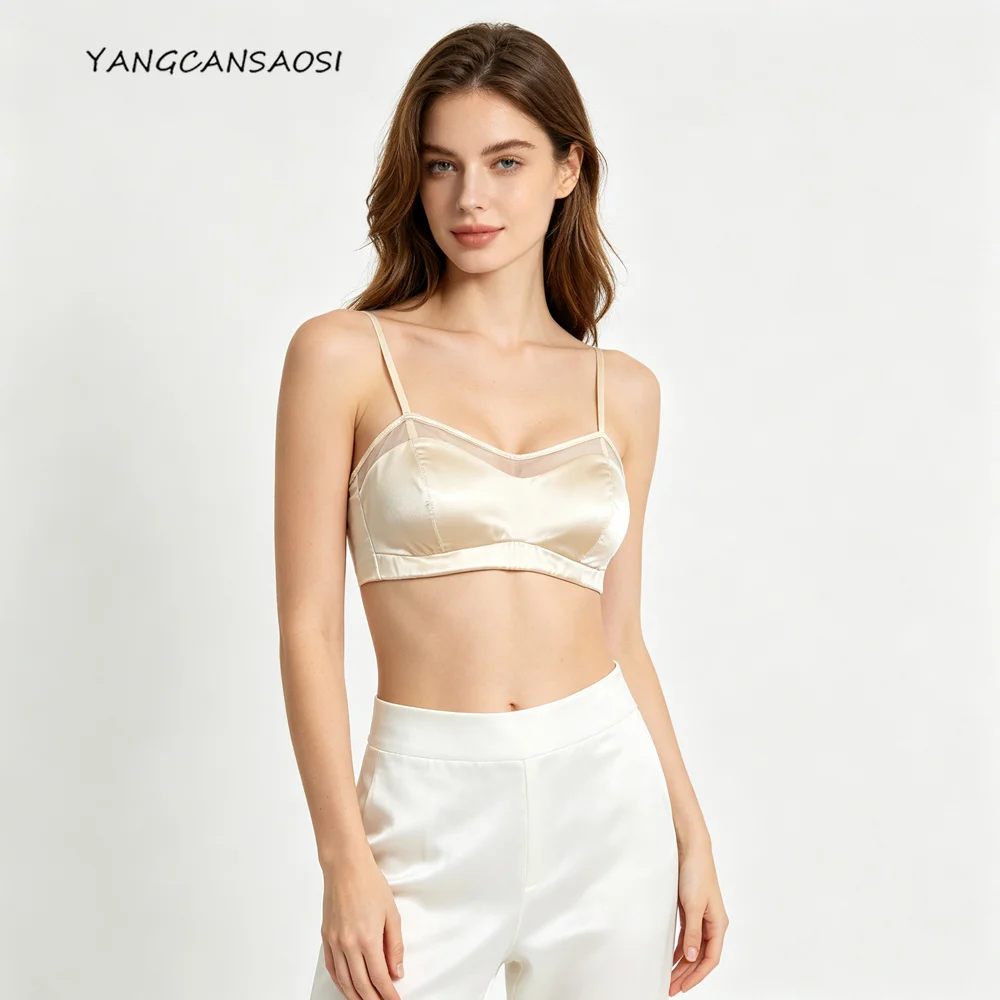 Women's New 19MM 93% Natural Mulberry Silk Elastic Satin Mesh Strapless Ultra-thin Breast Collection Slim Shoulder Strap Bras