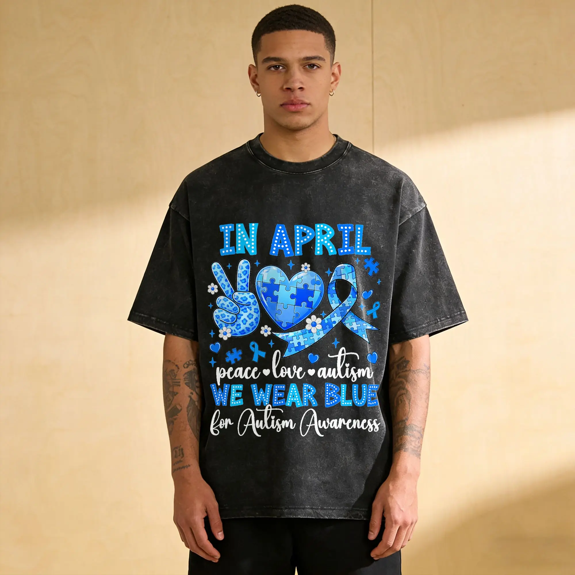Men Women T-Shirt in April We Wear Blue Autism Awareness Washed T Shirts Fashion  Summer Casual Clothing New Arrival