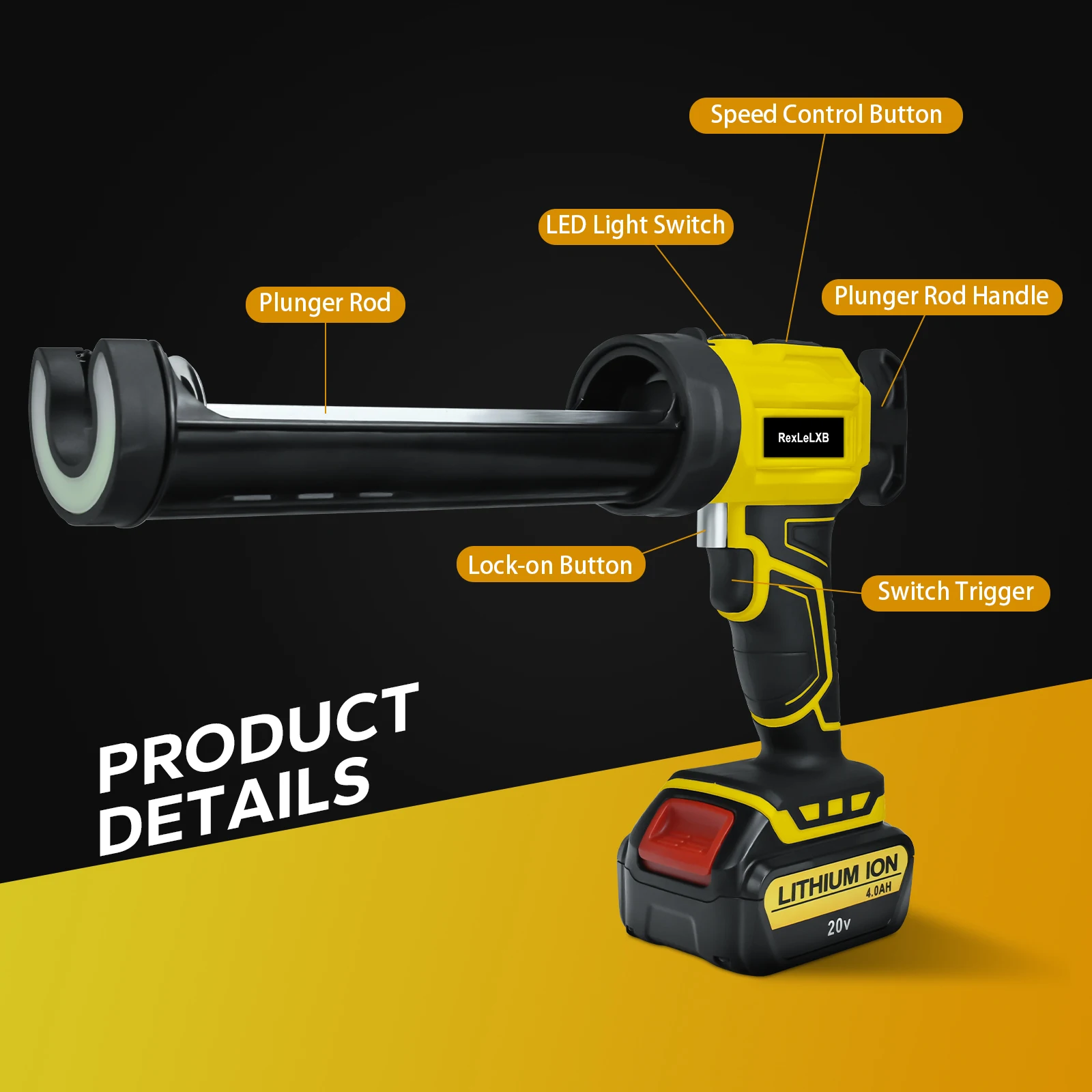 Pistol Caulking elektrik untuk Dewalt 18V 20V, pistol lem segel perekat kaca semen baterai Li-ion