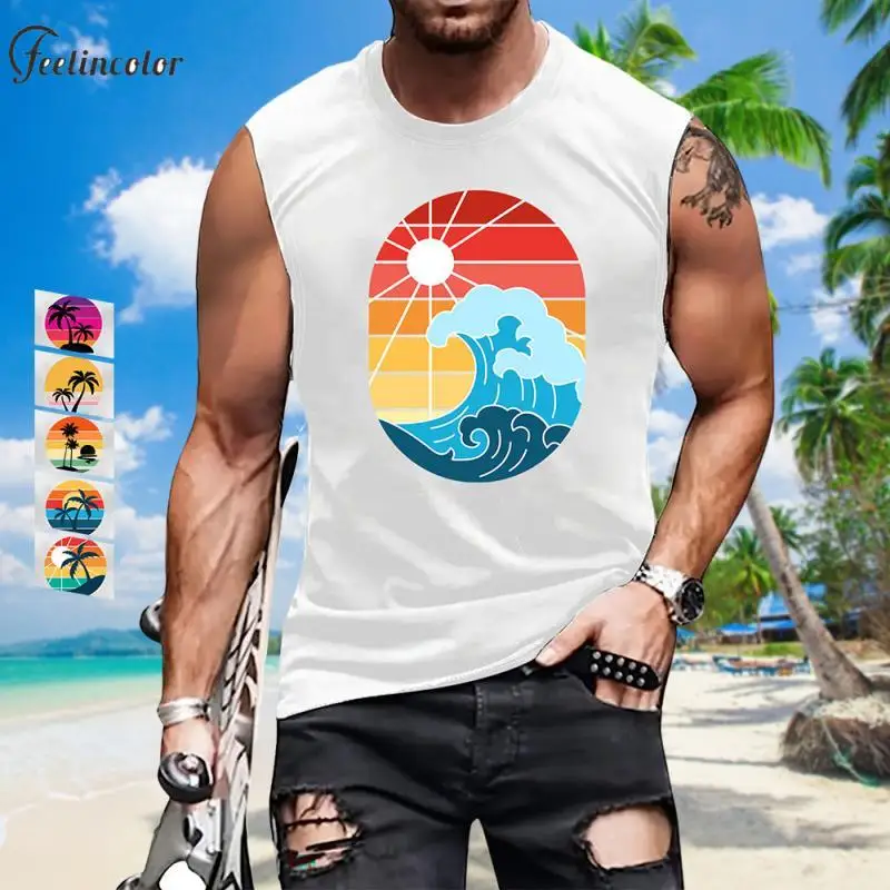 

Sunset 3D Printing Tank Tops Coconut Palm Beach Graphic Vest Summer Holiday Sleeveless T-Shirts Street Fashion Male Clothing