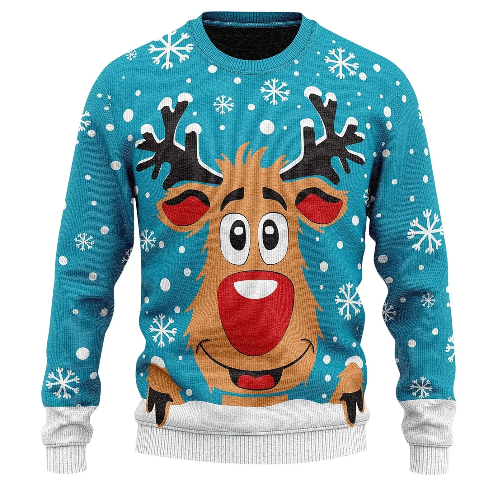 Ugly Christmas Sweater Men Knit Pullover Sweater Reindeer Print Crew Neck Long Sleeve Jumpers Top Stylish Xmas Gift Men Sweater