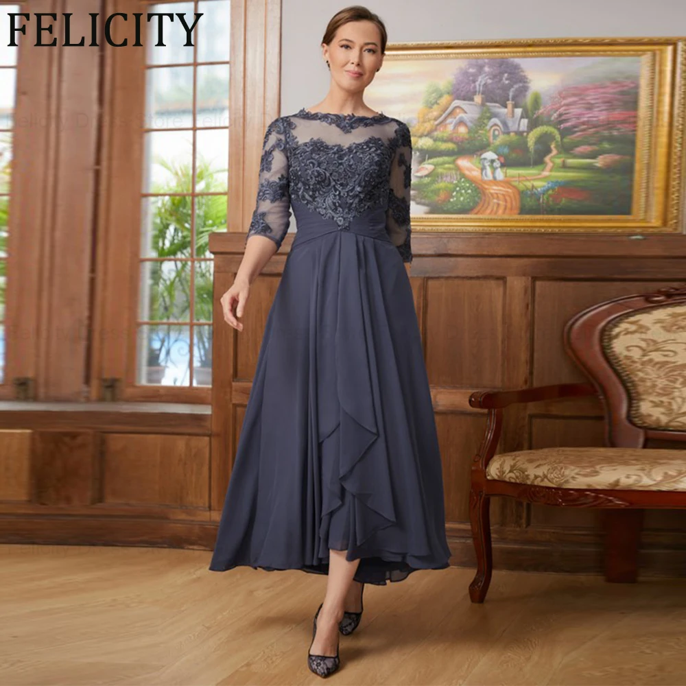 

Classic Wedding Guest Dresses A-Line Scoop Asymmetrical Mother of the Bride Dress 2023 Chiffon Pleated Lace Applique Party Gowns