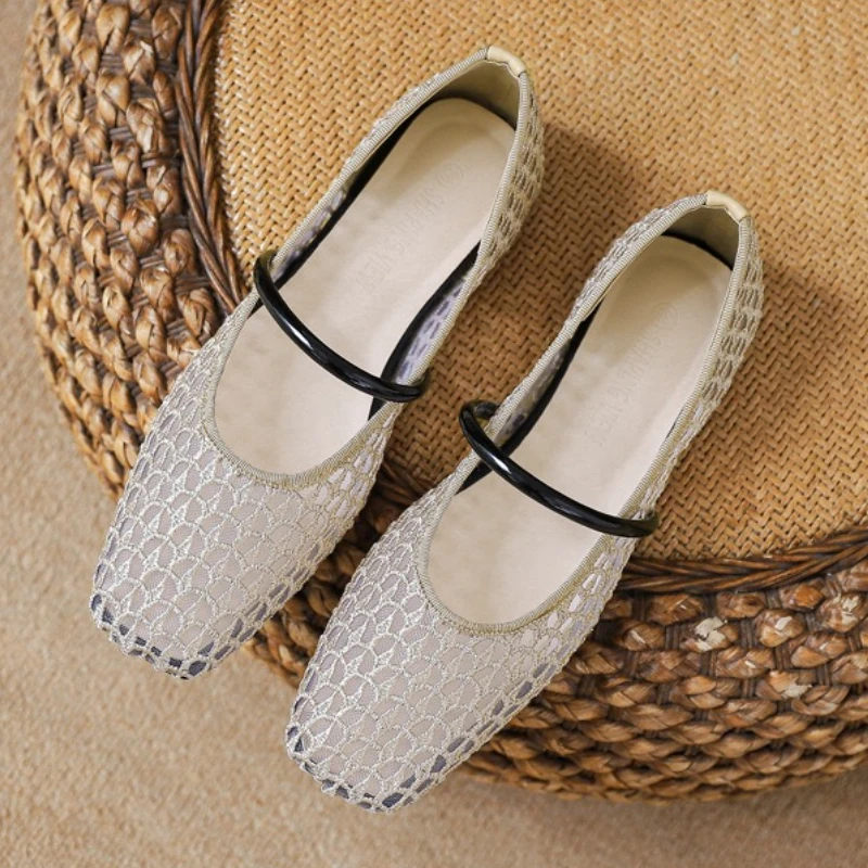 

Модные сандалии на плоской подошве с тканой сеткой, женская летняя обувь, дышащие удобные пляжные сандалии с квадратным носком, элегантная обувь Мэри Джейн